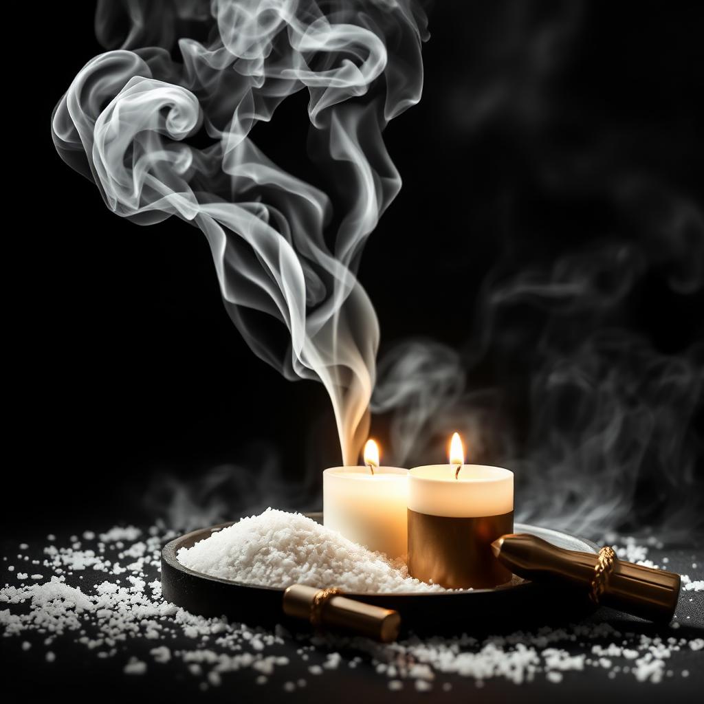 Fumaça de defumação subindo sobre sal grosso e velas brancas